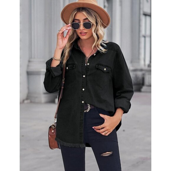 Women Black Chambray Collared Long Sleeve Pocket Button Down Denim Shirt - Picture 3 of 5